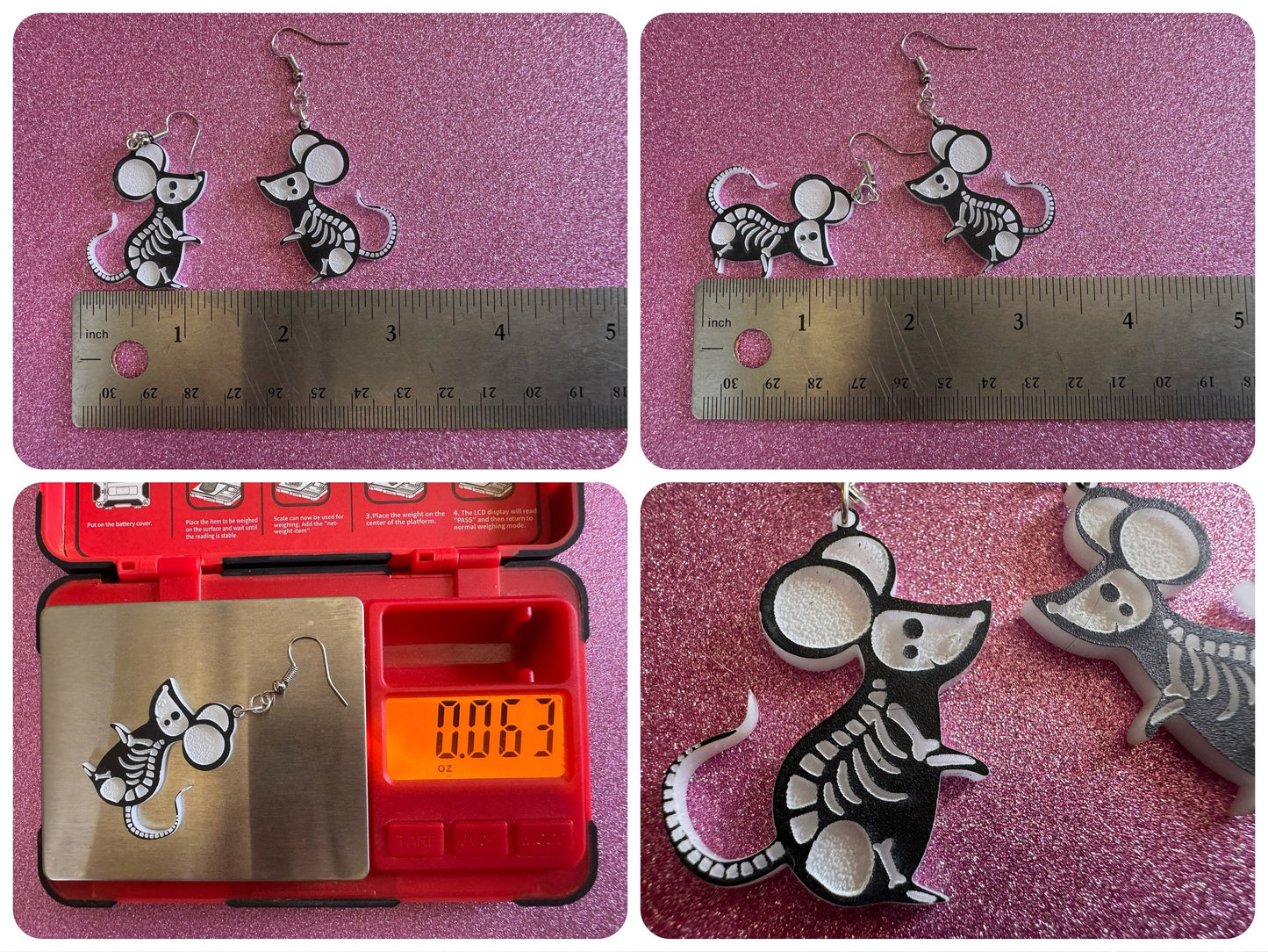Dainty Halloween Mouse Earrings: Laser Cut Acrylic Mice, Rodent Skeleton, Novelty Costume Jewelry, Gag Gift, Best Gifts for Her/Him/Them