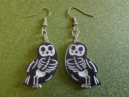 Dainty Halloween Owl Earrings: Laser Cut Acrylic Owls, Bird Skeleton, Novelty Costume Jewelry, Gag Gift, Best Gifts for Her/Him/Them