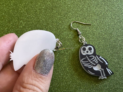 Dainty Halloween Owl Earrings: Laser Cut Acrylic Owls, Bird Skeleton, Novelty Costume Jewelry, Gag Gift, Best Gifts for Her/Him/Them
