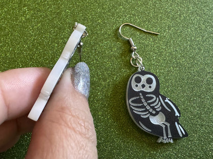 Dainty Halloween Owl Earrings: Laser Cut Acrylic Owls, Bird Skeleton, Novelty Costume Jewelry, Gag Gift, Best Gifts for Her/Him/Them