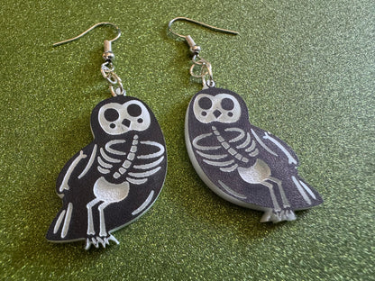 Dainty Halloween Owl Earrings: Laser Cut Acrylic Owls, Bird Skeleton, Novelty Costume Jewelry, Gag Gift, Best Gifts for Her/Him/Them