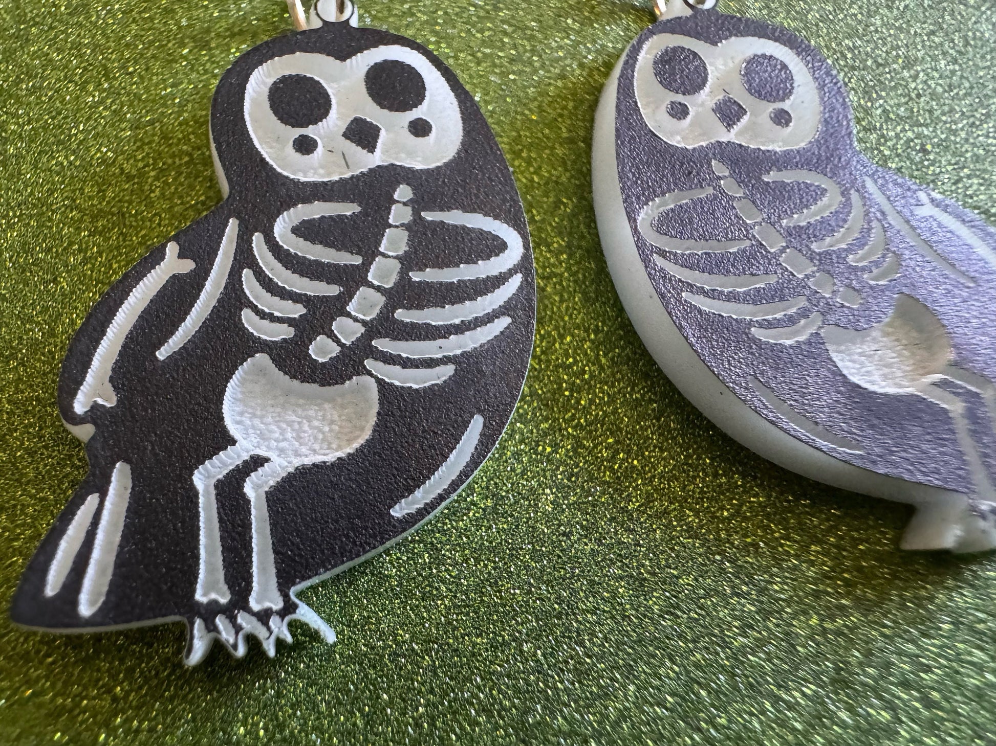 Dainty Halloween Owl Earrings: Laser Cut Acrylic Owls, Bird Skeleton, Novelty Costume Jewelry, Gag Gift, Best Gifts for Her/Him/Them