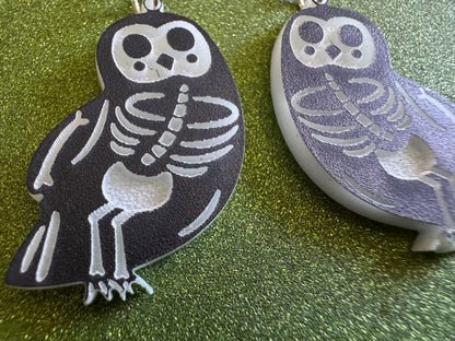 Dainty Halloween Owl Earrings: Laser Cut Acrylic Owls, Bird Skeleton, Novelty Costume Jewelry, Gag Gift, Best Gifts for Her/Him/Them