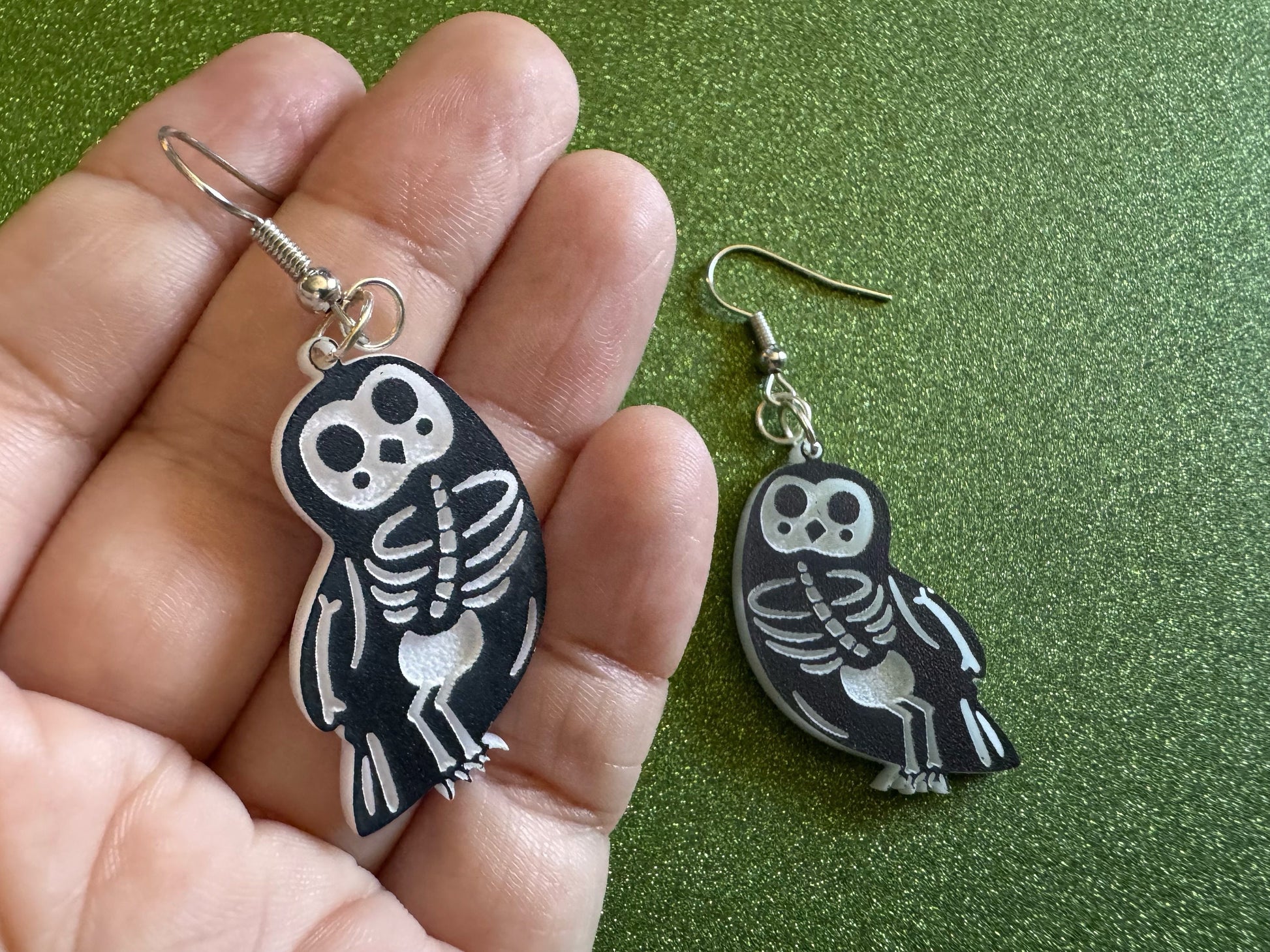 Dainty Halloween Owl Earrings: Laser Cut Acrylic Owls, Bird Skeleton, Novelty Costume Jewelry, Gag Gift, Best Gifts for Her/Him/Them