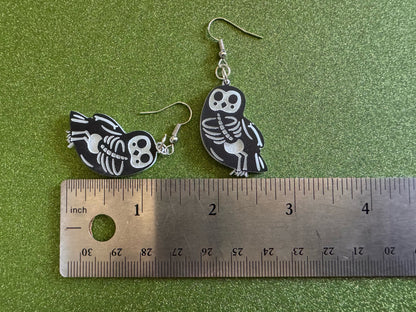 Dainty Halloween Owl Earrings: Laser Cut Acrylic Owls, Bird Skeleton, Novelty Costume Jewelry, Gag Gift, Best Gifts for Her/Him/Them