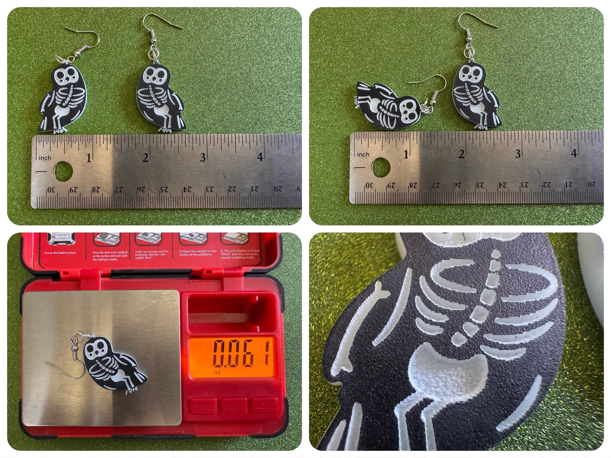 Dainty Halloween Owl Earrings: Laser Cut Acrylic Owls, Bird Skeleton, Novelty Costume Jewelry, Gag Gift, Best Gifts for Her/Him/Them