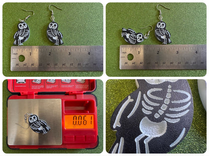 Dainty Halloween Owl Earrings: Laser Cut Acrylic Owls, Bird Skeleton, Novelty Costume Jewelry, Gag Gift, Best Gifts for Her/Him/Them