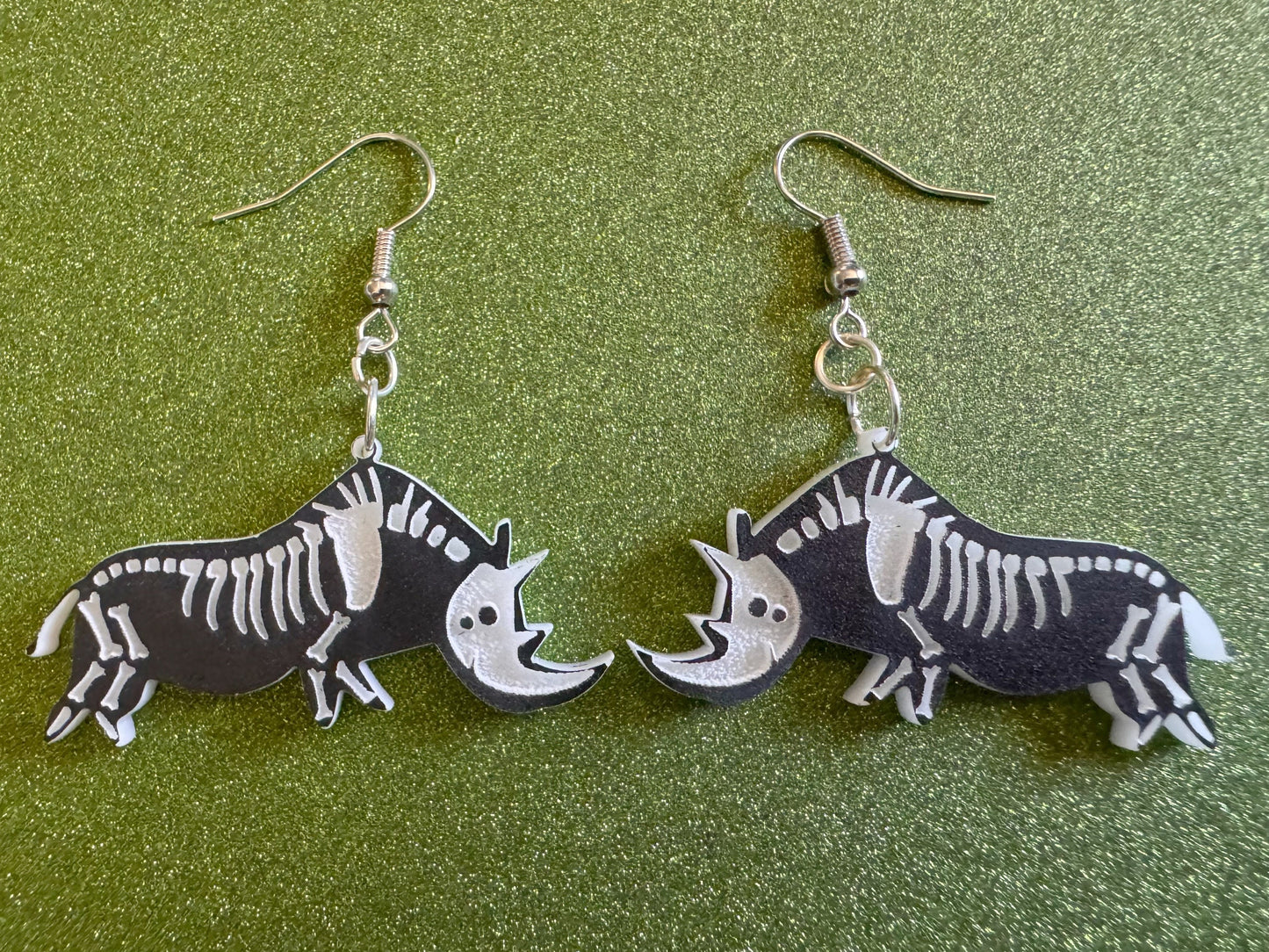 Dainty Halloween Rhino Earrings: Laser Cut Acrylic Rhinoceroses, Skeleton, Novelty Costume Jewelry, Gag Gift, Best Gifts for Her/Him/Them