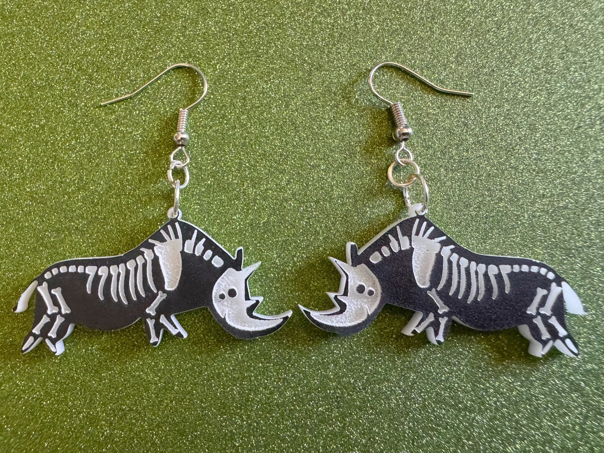 Dainty Halloween Rhino Earrings: Laser Cut Acrylic Rhinoceroses, Skeleton, Novelty Costume Jewelry, Gag Gift, Best Gifts for Her/Him/Them