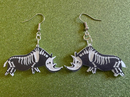 Dainty Halloween Rhino Earrings: Laser Cut Acrylic Rhinoceroses, Skeleton, Novelty Costume Jewelry, Gag Gift, Best Gifts for Her/Him/Them