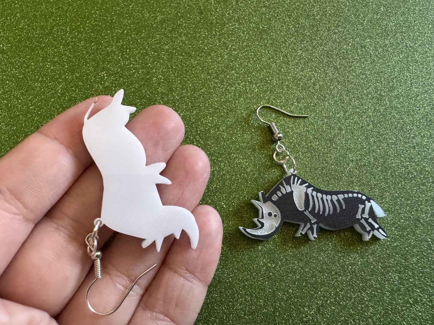 Dainty Halloween Rhino Earrings: Laser Cut Acrylic Rhinoceroses, Skeleton, Novelty Costume Jewelry, Gag Gift, Best Gifts for Her/Him/Them