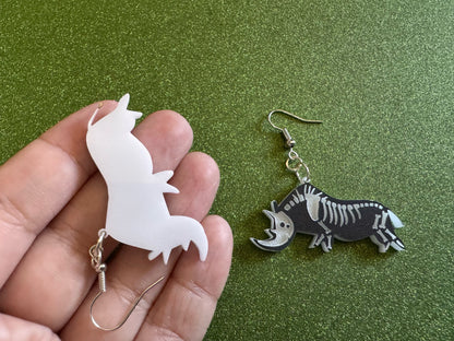 Dainty Halloween Rhino Earrings: Laser Cut Acrylic Rhinoceroses, Skeleton, Novelty Costume Jewelry, Gag Gift, Best Gifts for Her/Him/Them