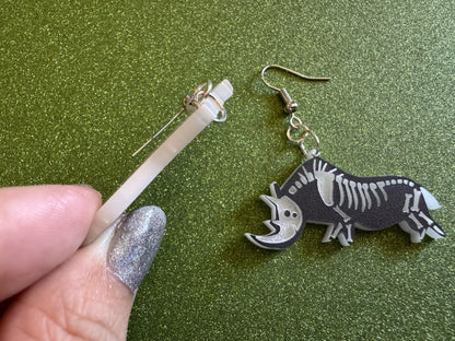 Dainty Halloween Rhino Earrings: Laser Cut Acrylic Rhinoceroses, Skeleton, Novelty Costume Jewelry, Gag Gift, Best Gifts for Her/Him/Them