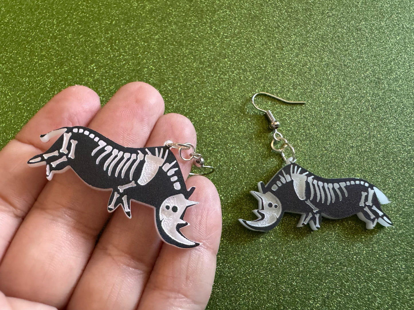 Dainty Halloween Rhino Earrings: Laser Cut Acrylic Rhinoceroses, Skeleton, Novelty Costume Jewelry, Gag Gift, Best Gifts for Her/Him/Them