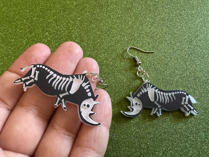 Dainty Halloween Rhino Earrings: Laser Cut Acrylic Rhinoceroses, Skeleton, Novelty Costume Jewelry, Gag Gift, Best Gifts for Her/Him/Them