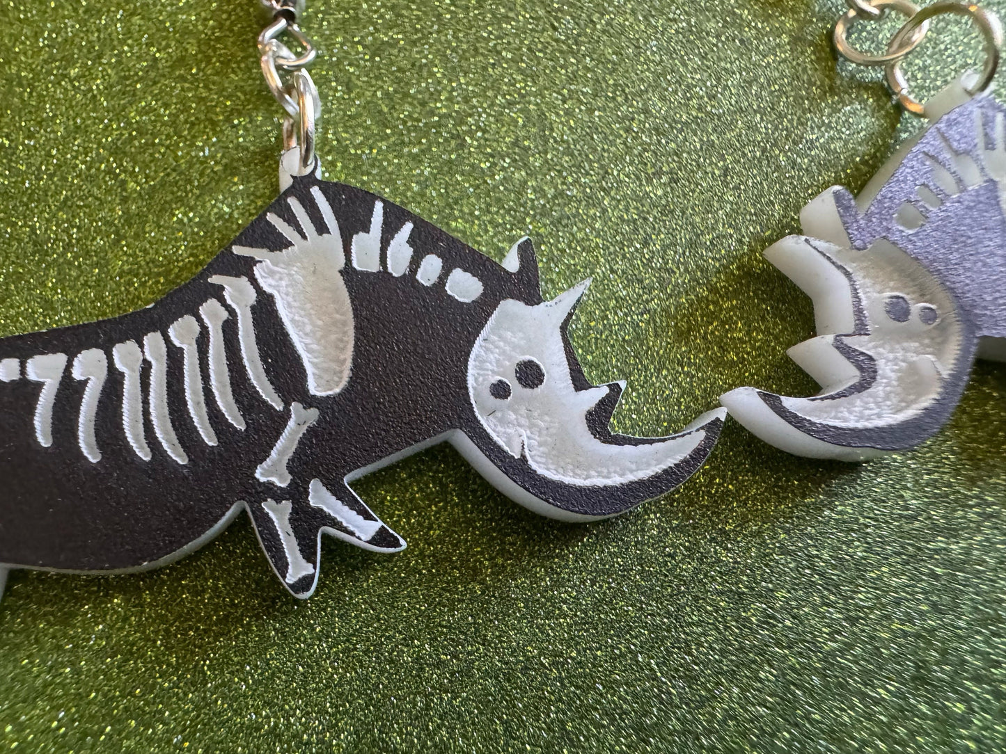 Dainty Halloween Rhino Earrings: Laser Cut Acrylic Rhinoceroses, Skeleton, Novelty Costume Jewelry, Gag Gift, Best Gifts for Her/Him/Them