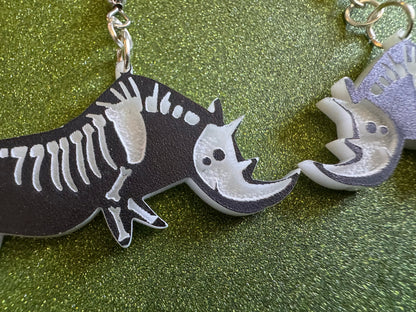 Dainty Halloween Rhino Earrings: Laser Cut Acrylic Rhinoceroses, Skeleton, Novelty Costume Jewelry, Gag Gift, Best Gifts for Her/Him/Them