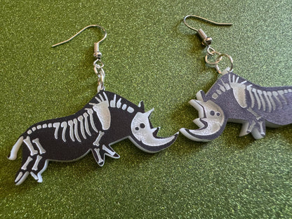 Dainty Halloween Rhino Earrings: Laser Cut Acrylic Rhinoceroses, Skeleton, Novelty Costume Jewelry, Gag Gift, Best Gifts for Her/Him/Them