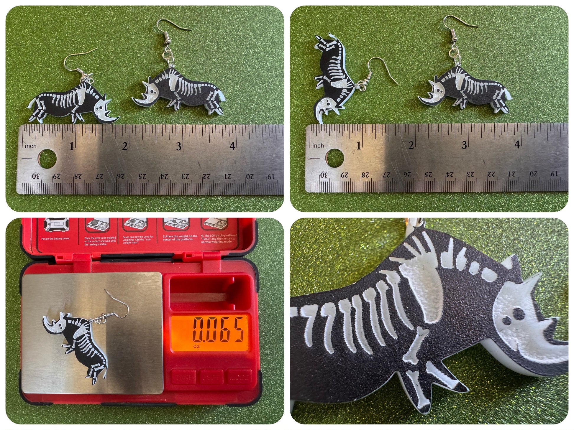 Dainty Halloween Rhino Earrings: Laser Cut Acrylic Rhinoceroses, Skeleton, Novelty Costume Jewelry, Gag Gift, Best Gifts for Her/Him/Them