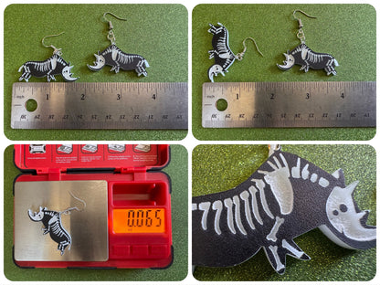 Dainty Halloween Rhino Earrings: Laser Cut Acrylic Rhinoceroses, Skeleton, Novelty Costume Jewelry, Gag Gift, Best Gifts for Her/Him/Them