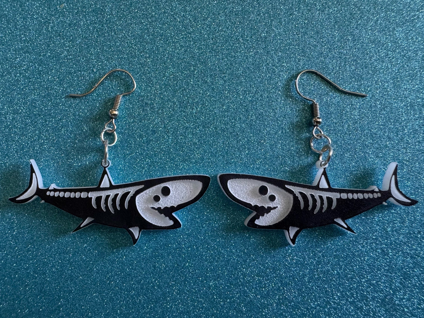 Dainty Halloween Shark Earrings: Laser Cut Acrylic Sharks, Fish, Skeleton, Novelty Costume Jewelry, Gag Gift, Best Gifts for Her/Him/Them