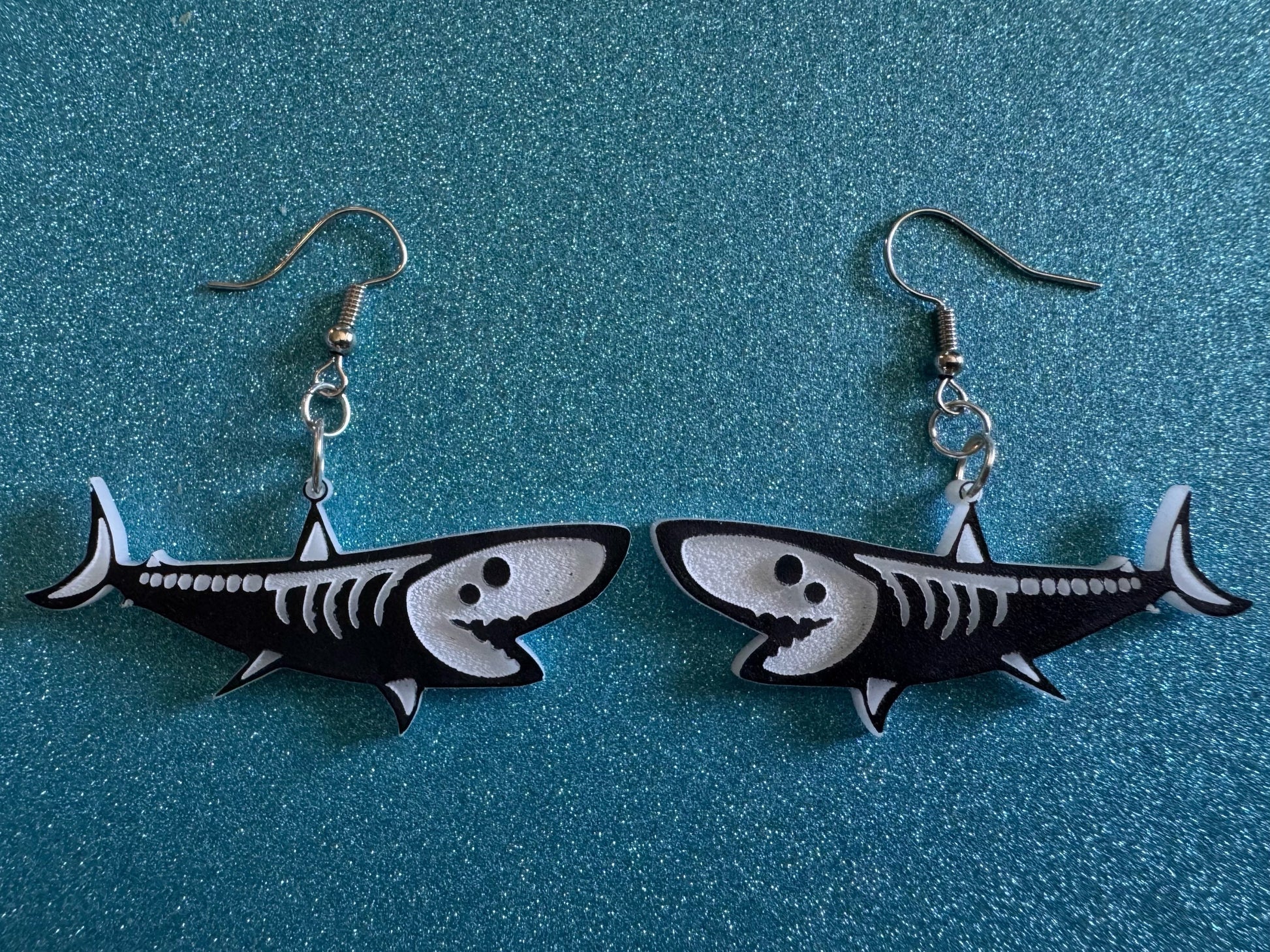 Dainty Halloween Shark Earrings: Laser Cut Acrylic Sharks, Fish, Skeleton, Novelty Costume Jewelry, Gag Gift, Best Gifts for Her/Him/Them