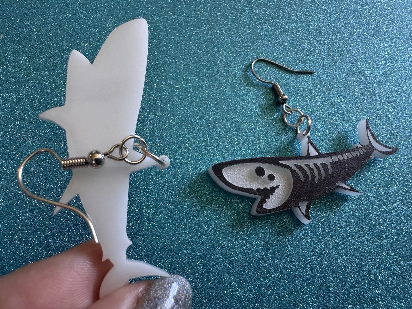 Dainty Halloween Shark Earrings: Laser Cut Acrylic Sharks, Fish, Skeleton, Novelty Costume Jewelry, Gag Gift, Best Gifts for Her/Him/Them