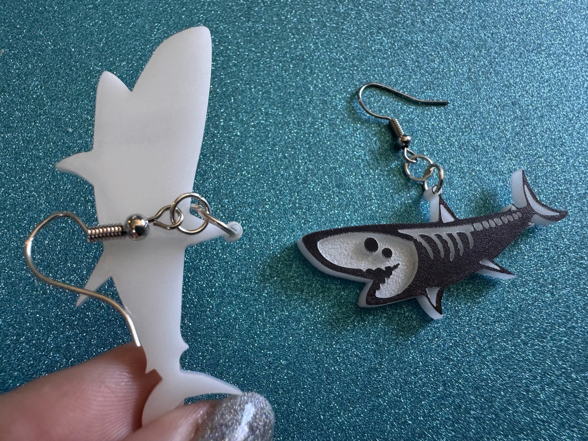 Dainty Halloween Shark Earrings: Laser Cut Acrylic Sharks, Fish, Skeleton, Novelty Costume Jewelry, Gag Gift, Best Gifts for Her/Him/Them