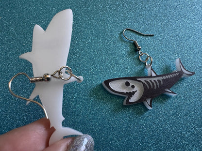 Dainty Halloween Shark Earrings: Laser Cut Acrylic Sharks, Fish, Skeleton, Novelty Costume Jewelry, Gag Gift, Best Gifts for Her/Him/Them