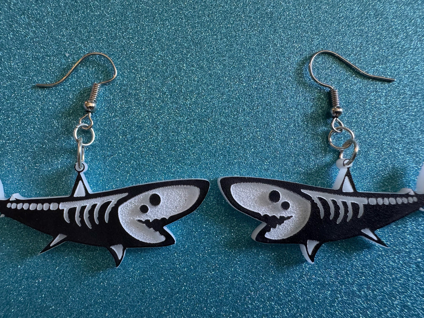 Dainty Halloween Shark Earrings: Laser Cut Acrylic Sharks, Fish, Skeleton, Novelty Costume Jewelry, Gag Gift, Best Gifts for Her/Him/Them