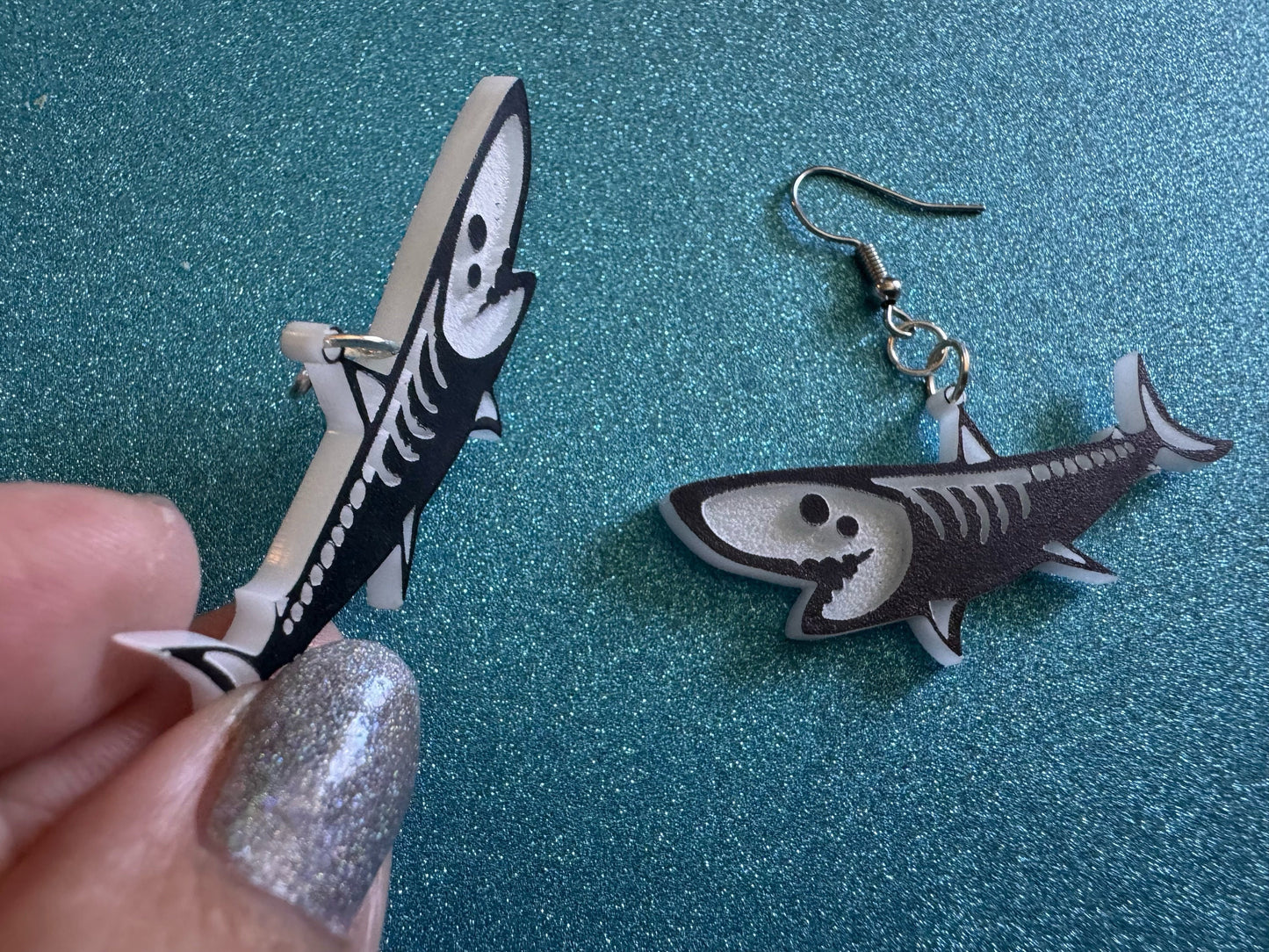 Dainty Halloween Shark Earrings: Laser Cut Acrylic Sharks, Fish, Skeleton, Novelty Costume Jewelry, Gag Gift, Best Gifts for Her/Him/Them