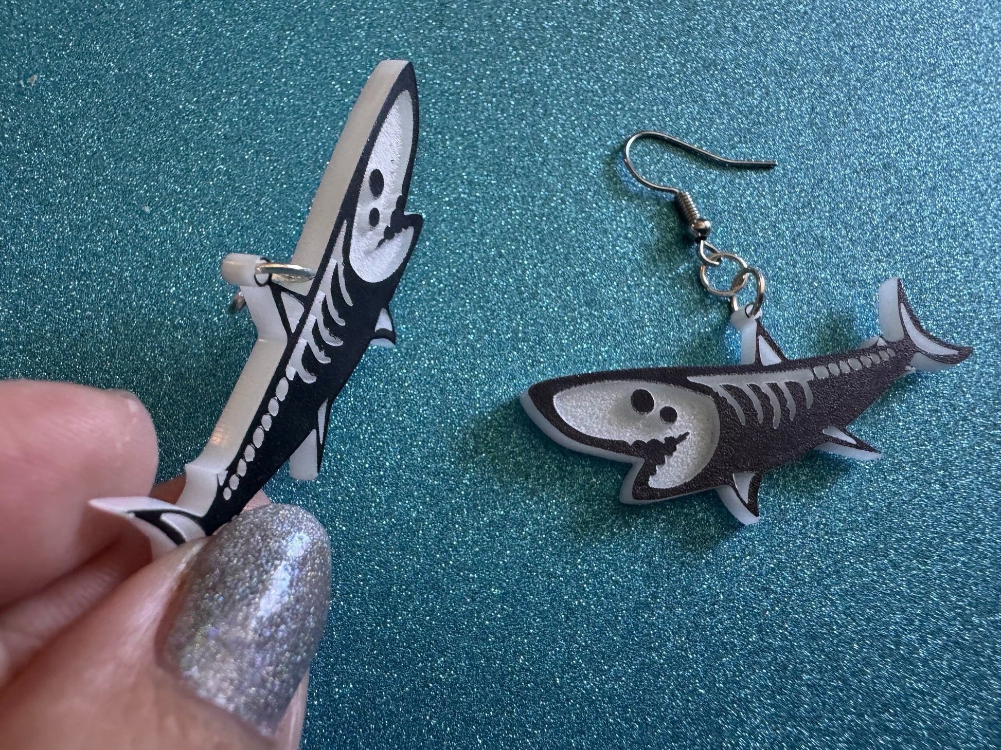 Dainty Halloween Shark Earrings: Laser Cut Acrylic Sharks, Fish, Skeleton, Novelty Costume Jewelry, Gag Gift, Best Gifts for Her/Him/Them