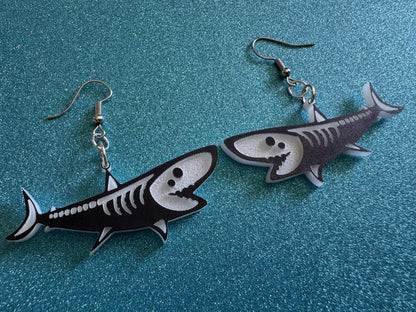 Dainty Halloween Shark Earrings: Laser Cut Acrylic Sharks, Fish, Skeleton, Novelty Costume Jewelry, Gag Gift, Best Gifts for Her/Him/Them