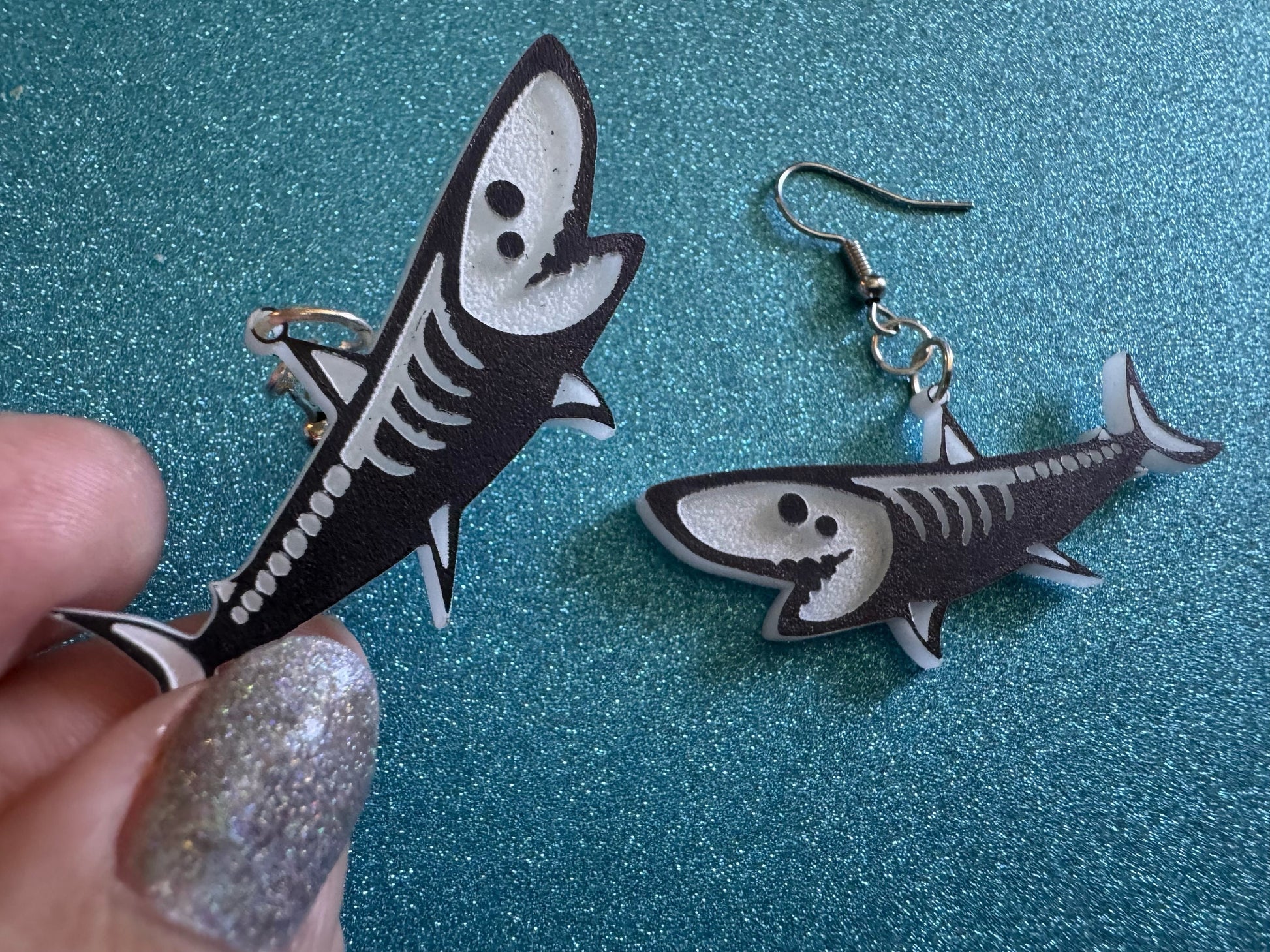 Dainty Halloween Shark Earrings: Laser Cut Acrylic Sharks, Fish, Skeleton, Novelty Costume Jewelry, Gag Gift, Best Gifts for Her/Him/Them