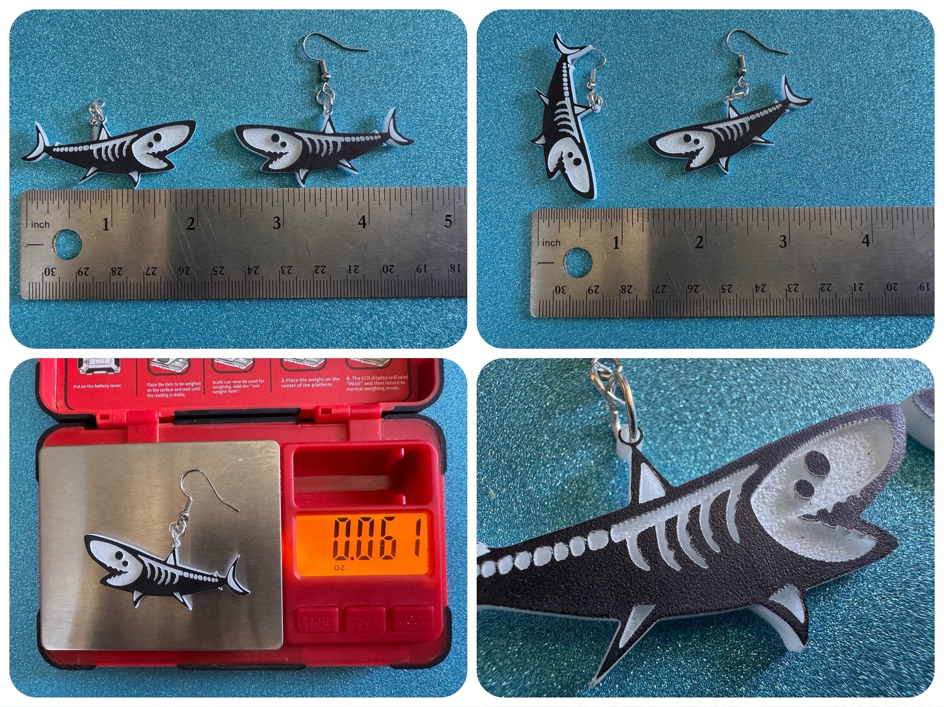 Dainty Halloween Shark Earrings: Laser Cut Acrylic Sharks, Fish, Skeleton, Novelty Costume Jewelry, Gag Gift, Best Gifts for Her/Him/Them