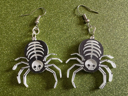Dainty Halloween Spider Earrings: Laser Cut Acrylic Spiders, Joke Arachnid Skeleton, Novelty, Gag Gift, Best Gifts for Her/Him/Them