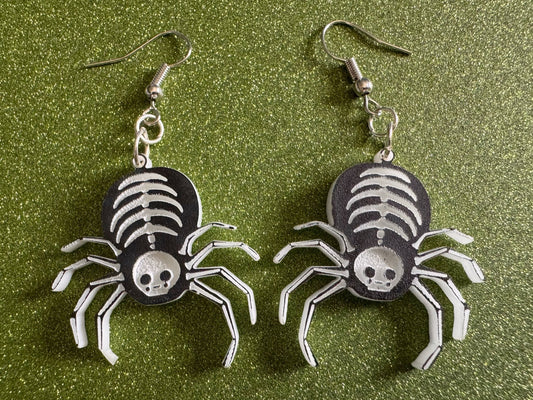 Dainty Halloween Spider Earrings: Laser Cut Acrylic Spiders, Joke Arachnid Skeleton, Novelty, Gag Gift, Best Gifts for Her/Him/Them