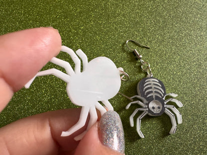 Dainty Halloween Spider Earrings: Laser Cut Acrylic Spiders, Joke Arachnid Skeleton, Novelty, Gag Gift, Best Gifts for Her/Him/Them