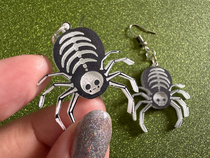 Dainty Halloween Spider Earrings: Laser Cut Acrylic Spiders, Joke Arachnid Skeleton, Novelty, Gag Gift, Best Gifts for Her/Him/Them