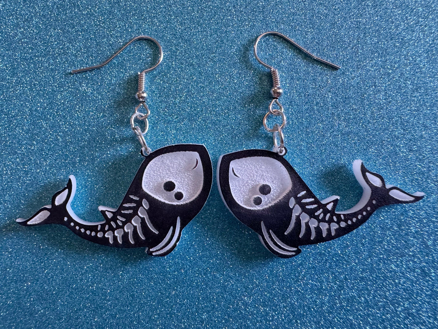 Dainty Halloween Whale Earrings: Laser Cut Acrylic Whales, Fish Skeleton, Novelty Costume Jewelry, Gag Gift, Best Gifts for Her/Him/Them