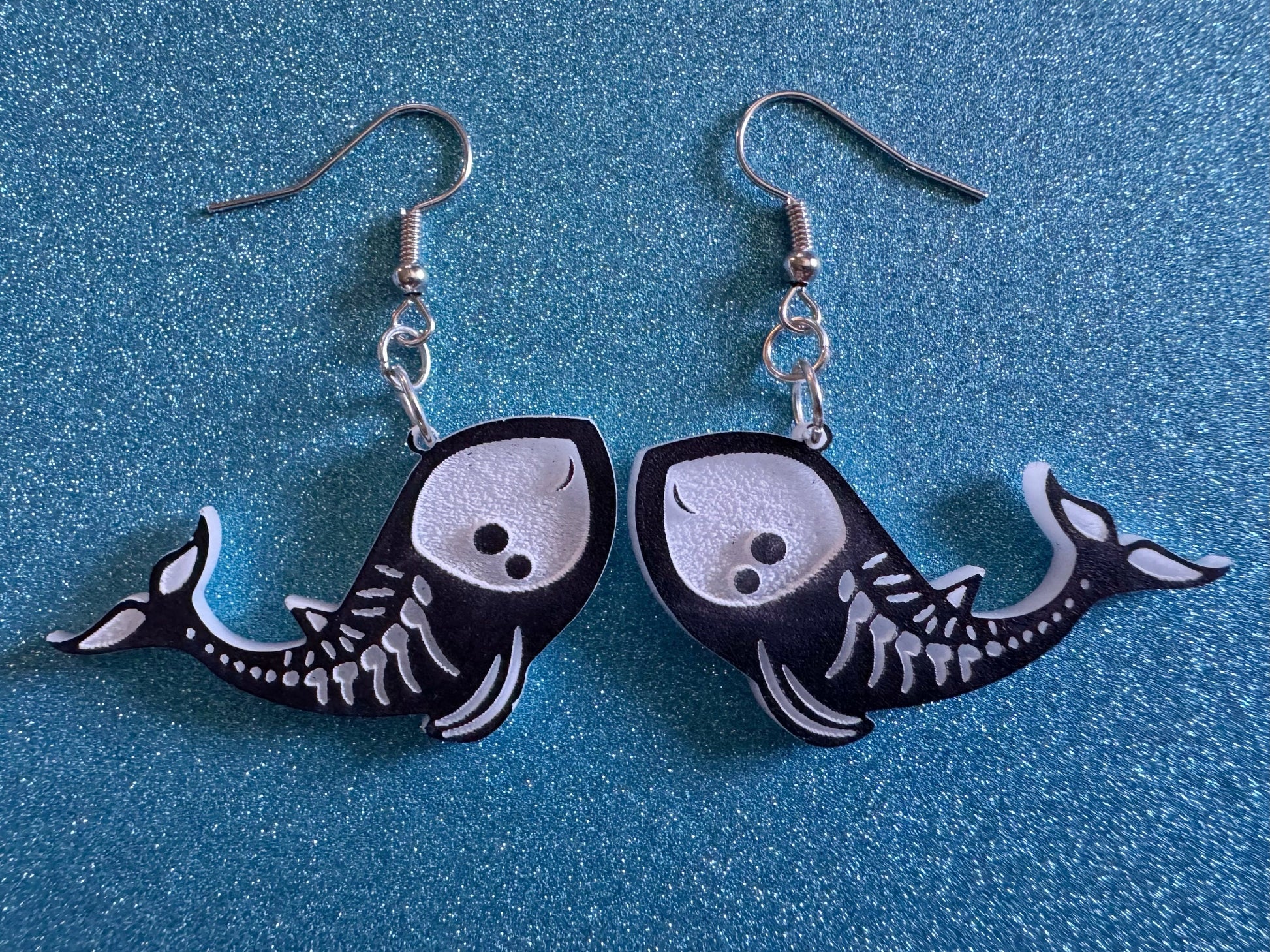 Dainty Halloween Whale Earrings: Laser Cut Acrylic Whales, Fish Skeleton, Novelty Costume Jewelry, Gag Gift, Best Gifts for Her/Him/Them