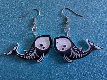 Dainty Halloween Whale Earrings: Laser Cut Acrylic Whales, Fish Skeleton, Novelty Costume Jewelry, Gag Gift, Best Gifts for Her/Him/Them