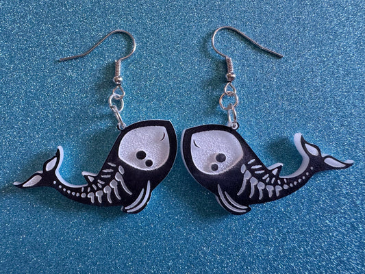 Dainty Halloween Whale Earrings: Laser Cut Acrylic Whales, Fish Skeleton, Novelty Costume Jewelry, Gag Gift, Best Gifts for Her/Him/Them
