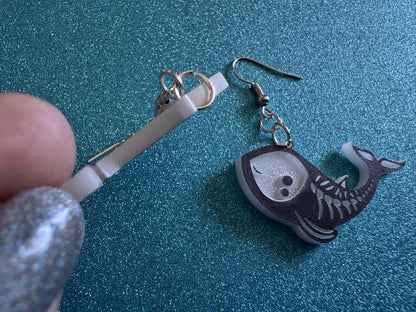 Dainty Halloween Whale Earrings: Laser Cut Acrylic Whales, Fish Skeleton, Novelty Costume Jewelry, Gag Gift, Best Gifts for Her/Him/Them