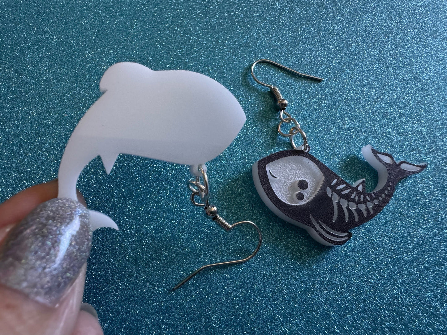 Dainty Halloween Whale Earrings: Laser Cut Acrylic Whales, Fish Skeleton, Novelty Costume Jewelry, Gag Gift, Best Gifts for Her/Him/Them