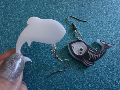 Dainty Halloween Whale Earrings: Laser Cut Acrylic Whales, Fish Skeleton, Novelty Costume Jewelry, Gag Gift, Best Gifts for Her/Him/Them