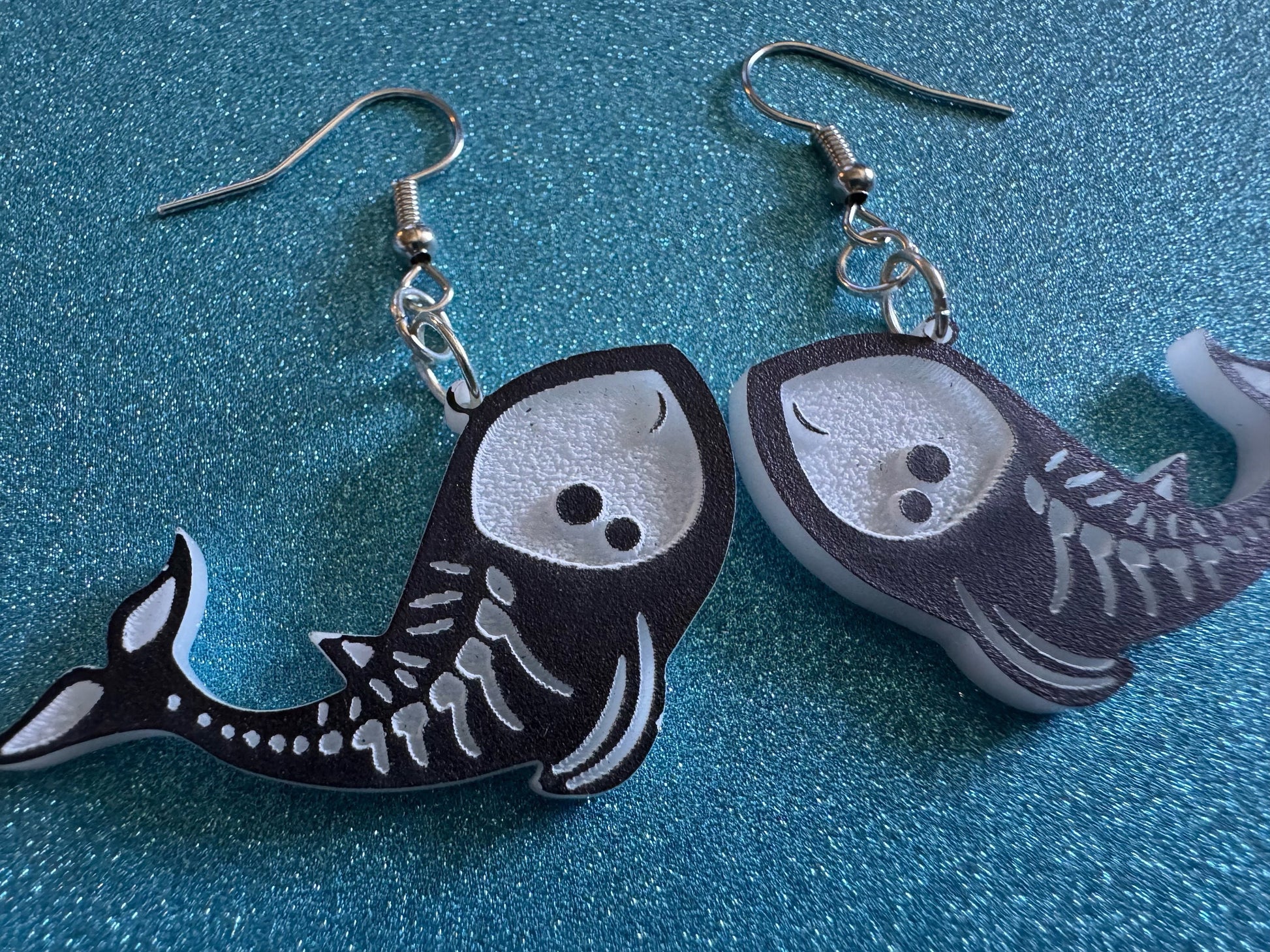 Dainty Halloween Whale Earrings: Laser Cut Acrylic Whales, Fish Skeleton, Novelty Costume Jewelry, Gag Gift, Best Gifts for Her/Him/Them