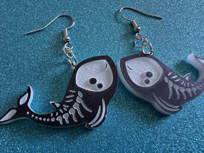Dainty Halloween Whale Earrings: Laser Cut Acrylic Whales, Fish Skeleton, Novelty Costume Jewelry, Gag Gift, Best Gifts for Her/Him/Them