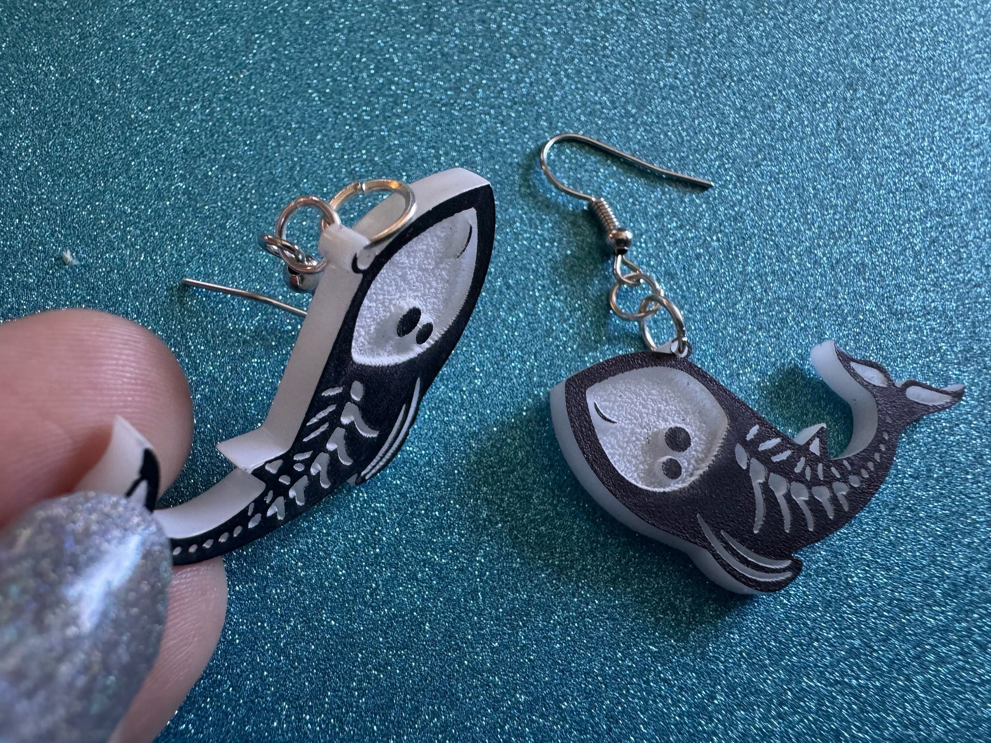 Dainty Halloween Whale Earrings: Laser Cut Acrylic Whales, Fish Skeleton, Novelty Costume Jewelry, Gag Gift, Best Gifts for Her/Him/Them