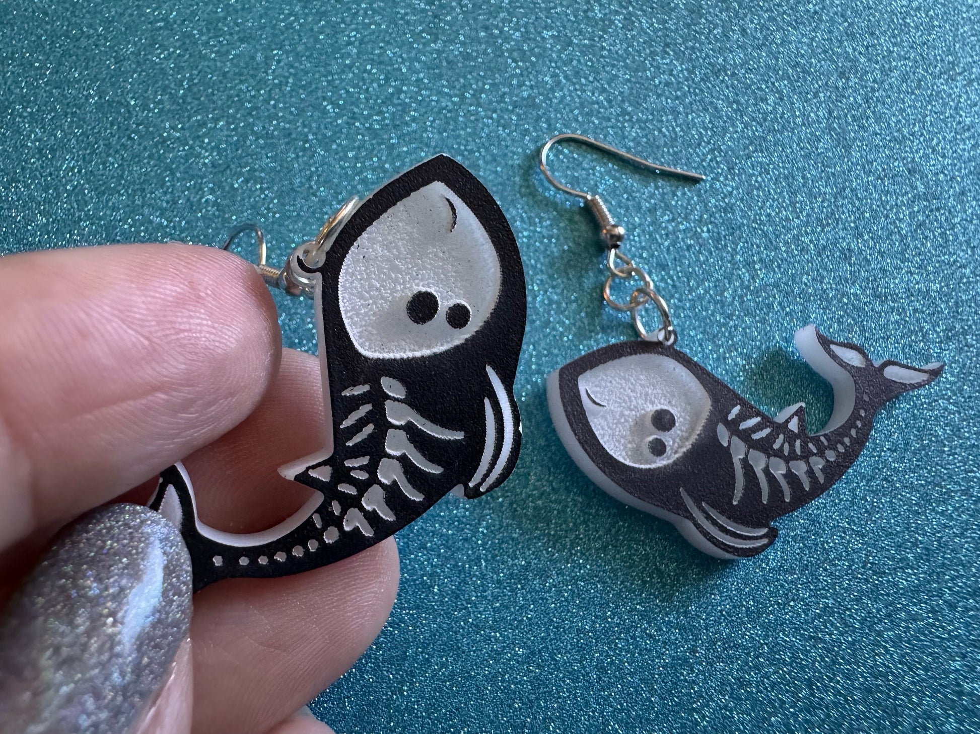 Dainty Halloween Whale Earrings: Laser Cut Acrylic Whales, Fish Skeleton, Novelty Costume Jewelry, Gag Gift, Best Gifts for Her/Him/Them